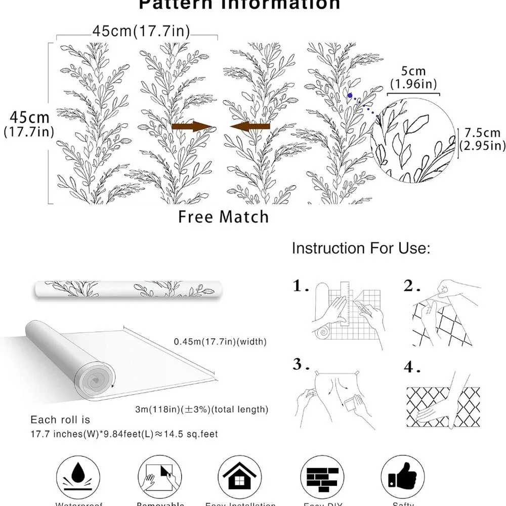 HaokHome Sketched Floral Wallpaper | Peel & Stick Black/White Vinyl 17.7